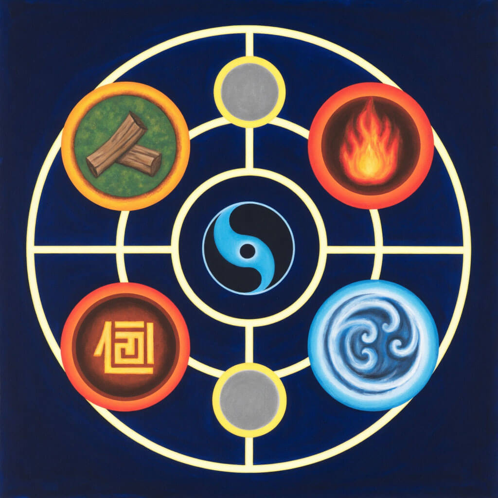 Harmonische Darstellung der fünf Elemente mit natürlichen Symbolen